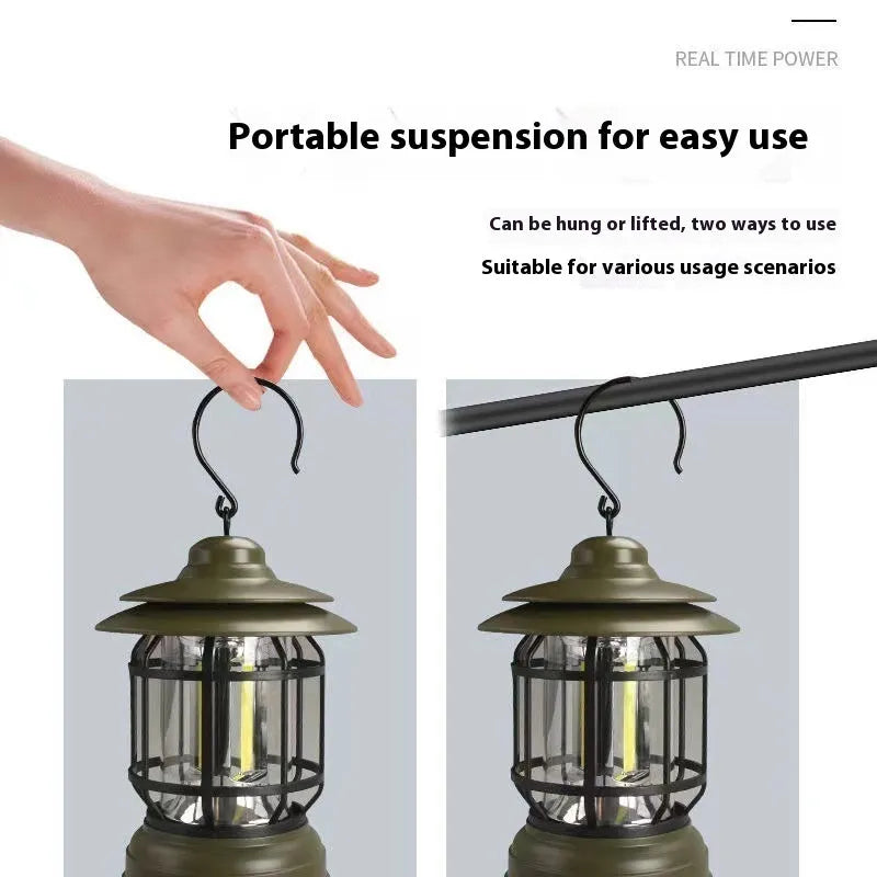 Dark green portable LED camping lantern with head strap, shown on a table with dimensions 16.6cm high.