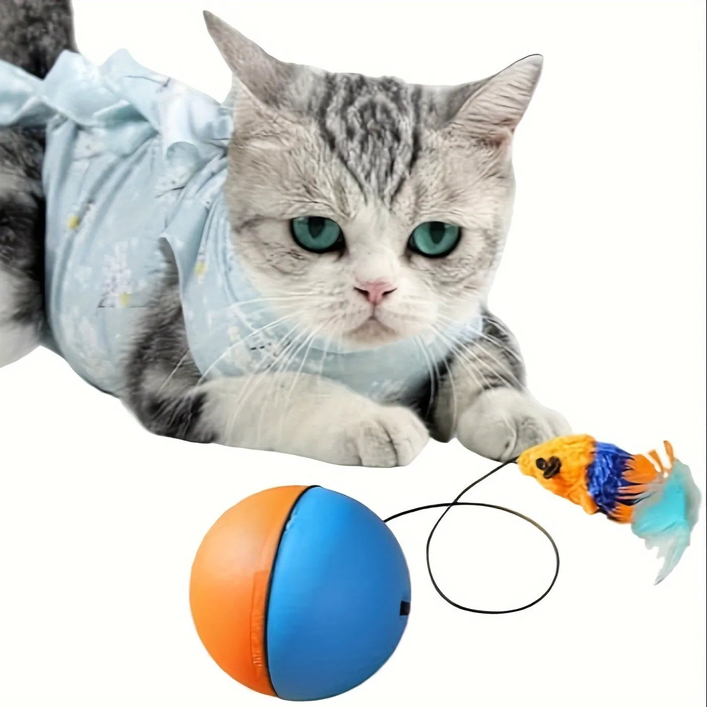 Blue and orange interactive cat toy ball with plush mouse attachment measuring 8.5cm