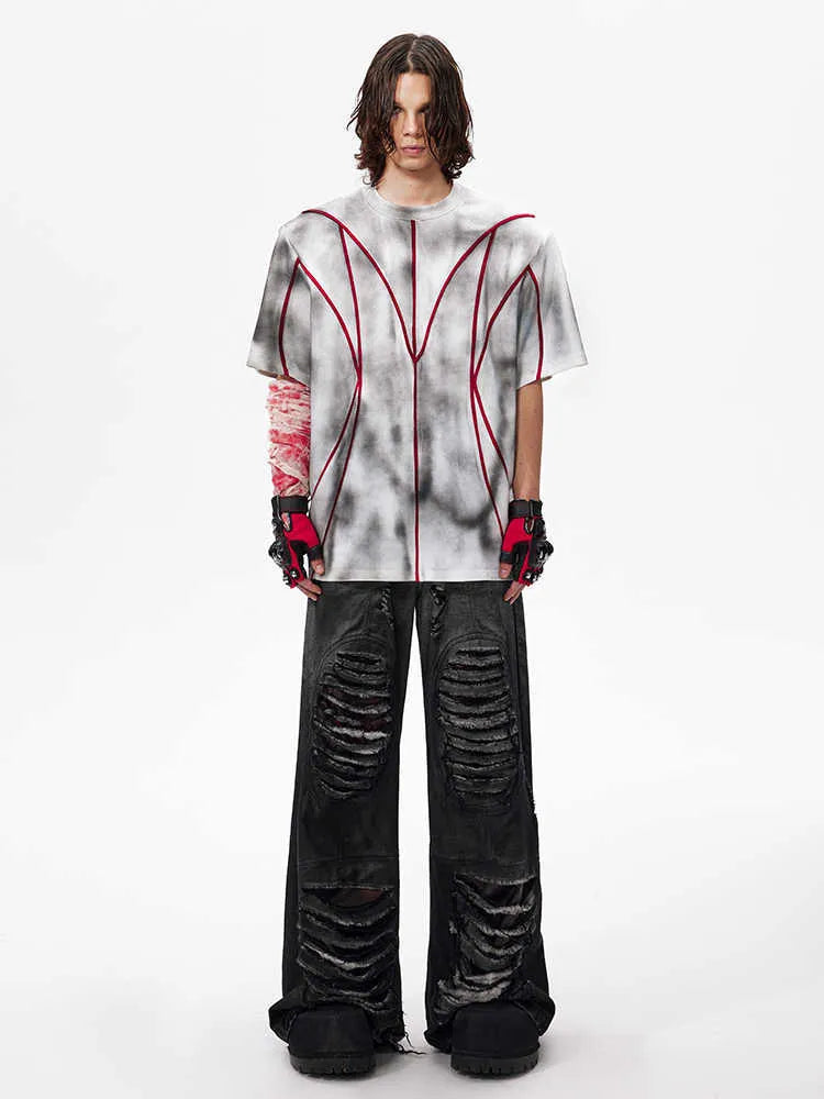 Padded shoulder cotton t-shirt with three-dimensional line patchwork design and round neck