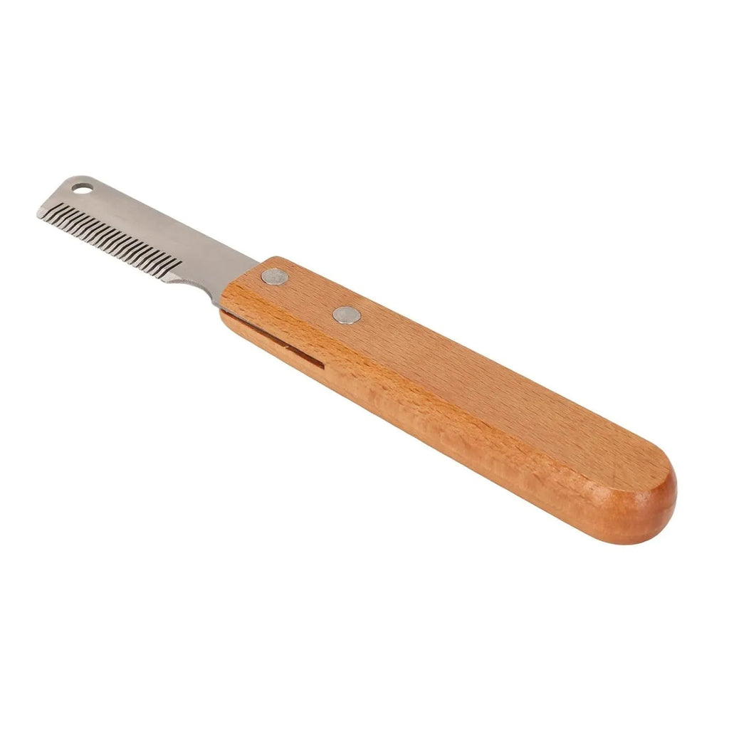Wooden handle pet stripping comb for grooming dogs and cats, shown in two size options.