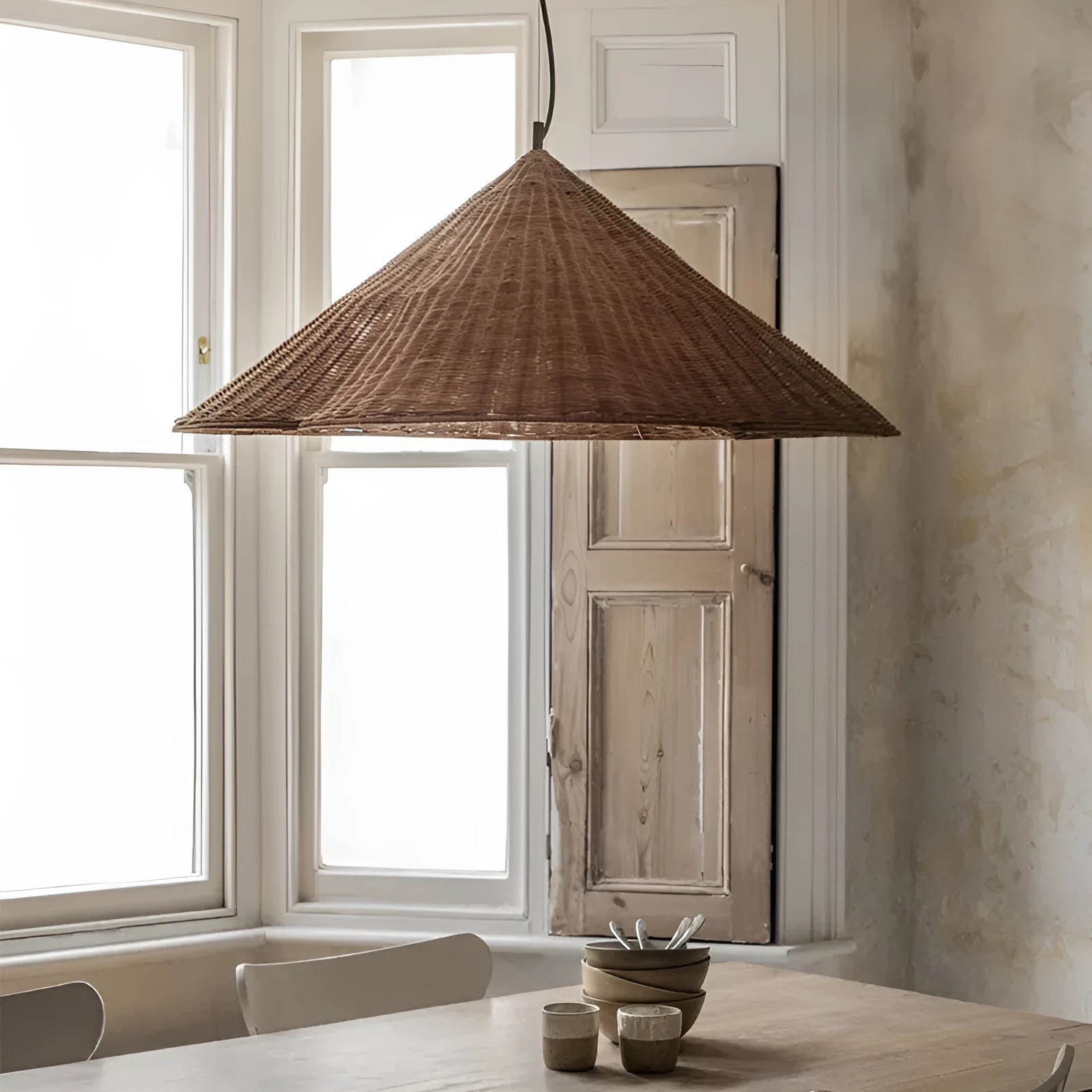 Natural rattan woven pendant ceiling lamp in Zen style, shown in 50cm, 60cm, and 80cm diameter options.