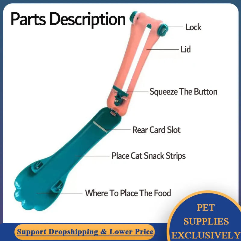 Green and pink pet food squeezer spoon for dispensing treats and liquid food to cats and dogs.