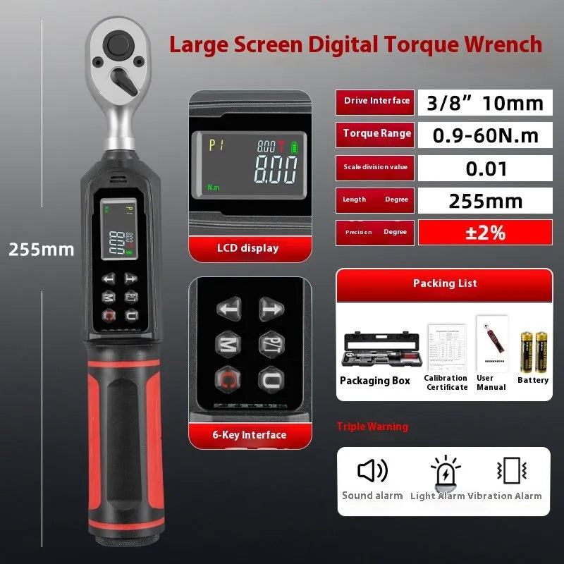Electronic digital torque wrench with LCD display showing torque reading.