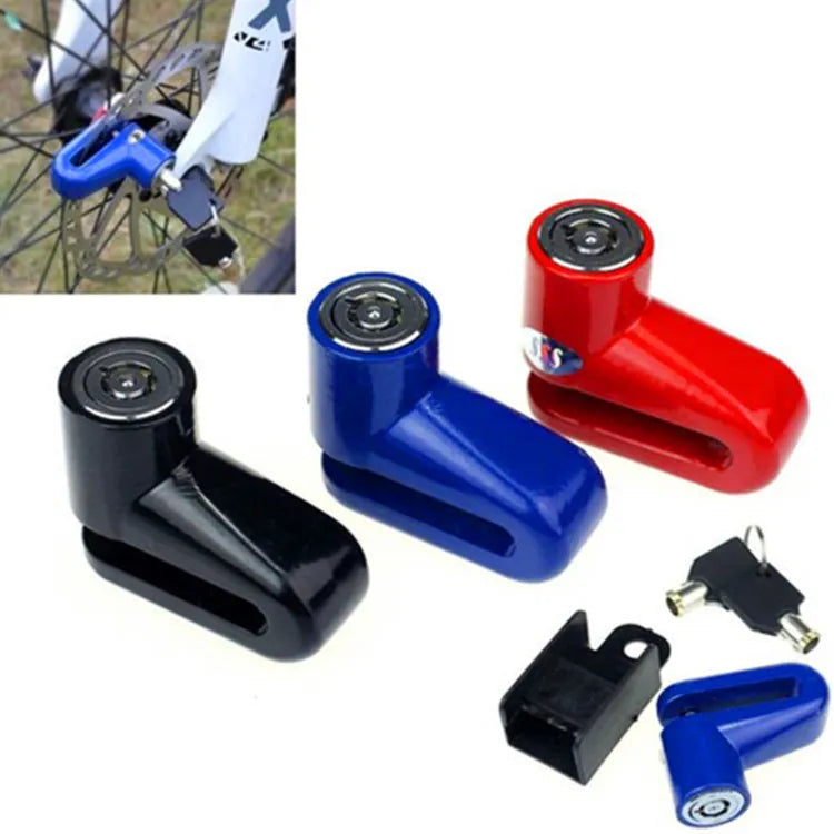 Iron disc brake lock with reminder rope for bicycle and motorbike security, available in black red blue colours