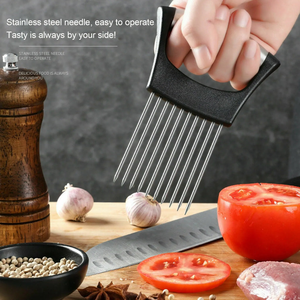 Stainless steel food slice assistant with onion holder and non-slip design