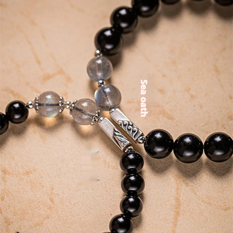 Obsidian Buddha beads couple bracelet DIY components with 10mm and 8mm beads in national style