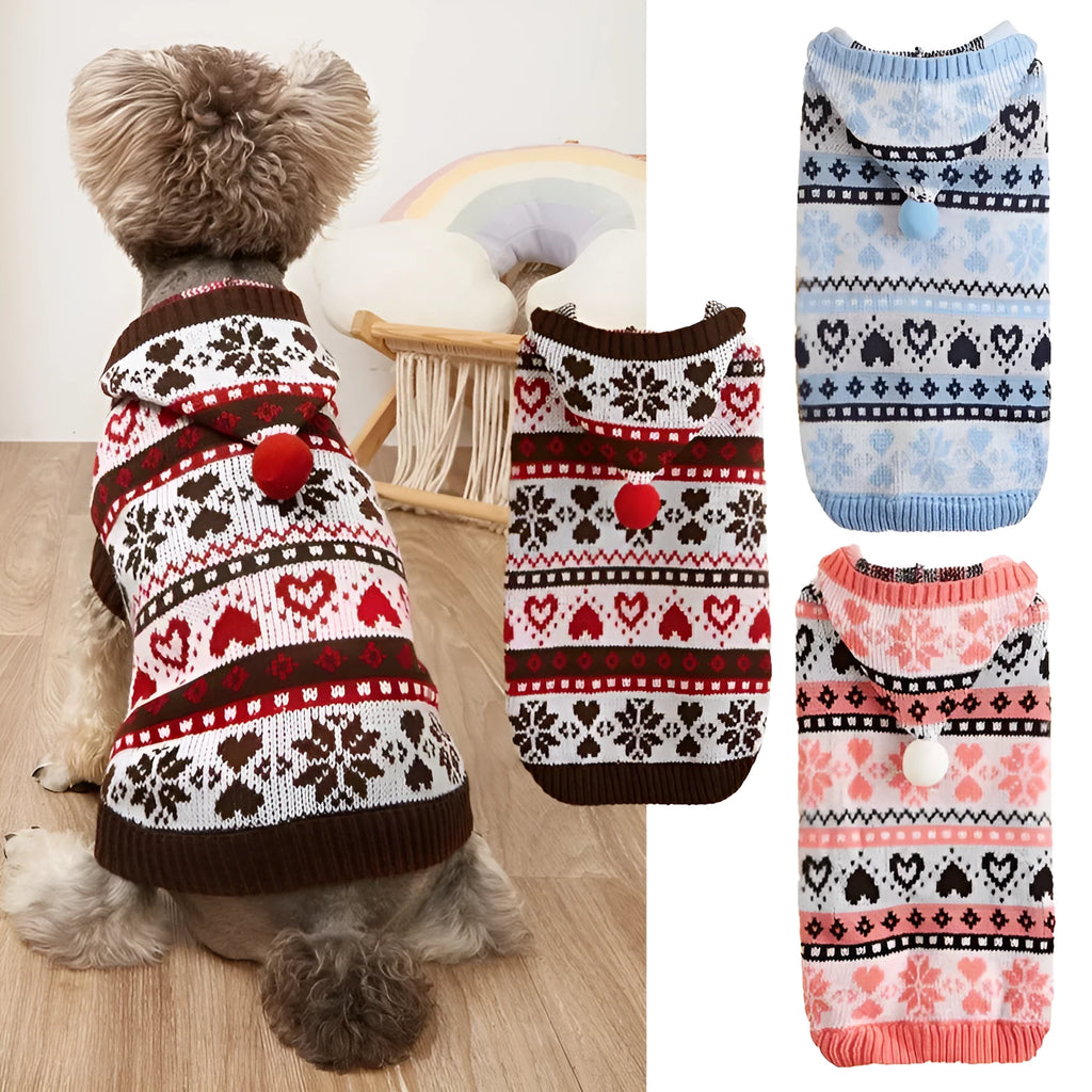 Knitted dog sweater with snowflake and love heart patterns for small breed bichon dogs