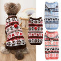Small dog wearing a knitted acrylic sweater with a snowflake and camouflage pattern, available in pink, blue, or grey.