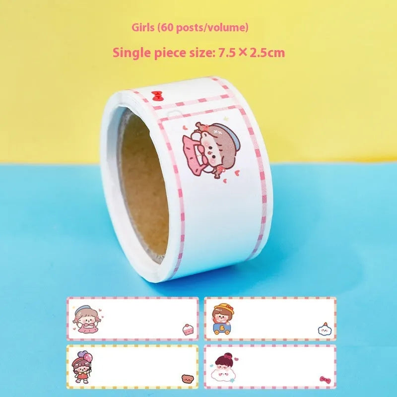 Roll of cartoon-themed adhesive name tape stickers showing dinosaur, astronaut, rabbit, and girl designs.