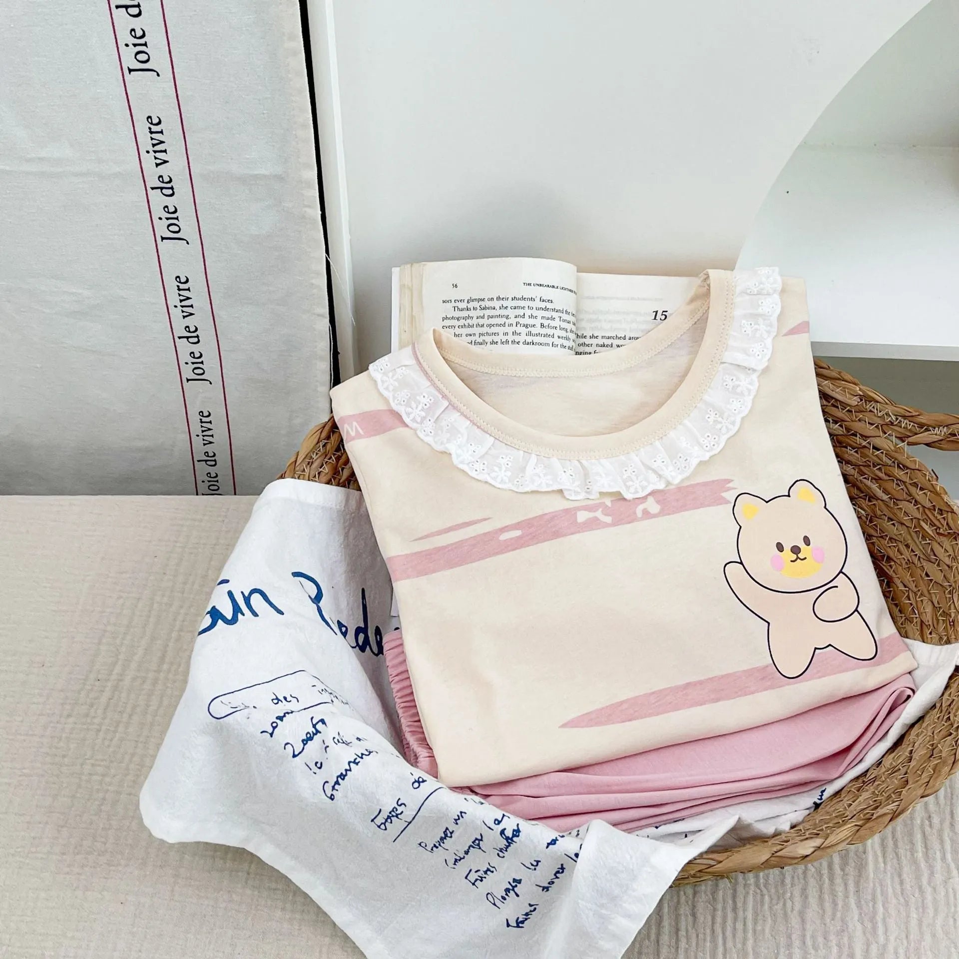 Girls cotton pyjama set with pink cartoon rabbit print, summer homewear, suitable for height 110-170cm