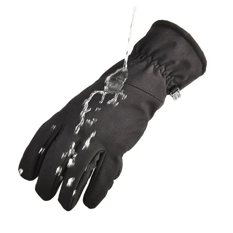 Army green tactical ski gloves with non-slip palm on a snowy background.
