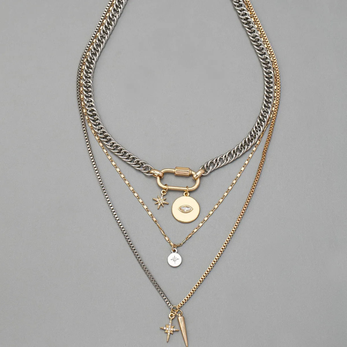 Eye pendant multi-layer twin necklace for women with alloy electroplated clavicle chain and geometric ellipse shapes.