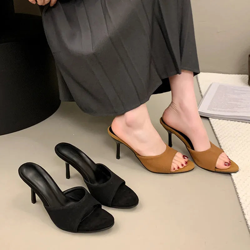 Women's suede high heel slippers fish mouth open toe in khaki and black sizes 35-43