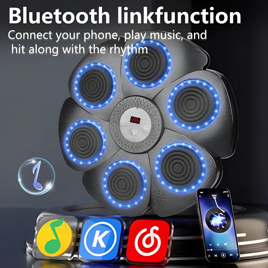 Black smart music boxing machine wall target with Bluetooth and LED lights, includes half-finger boxing gloves