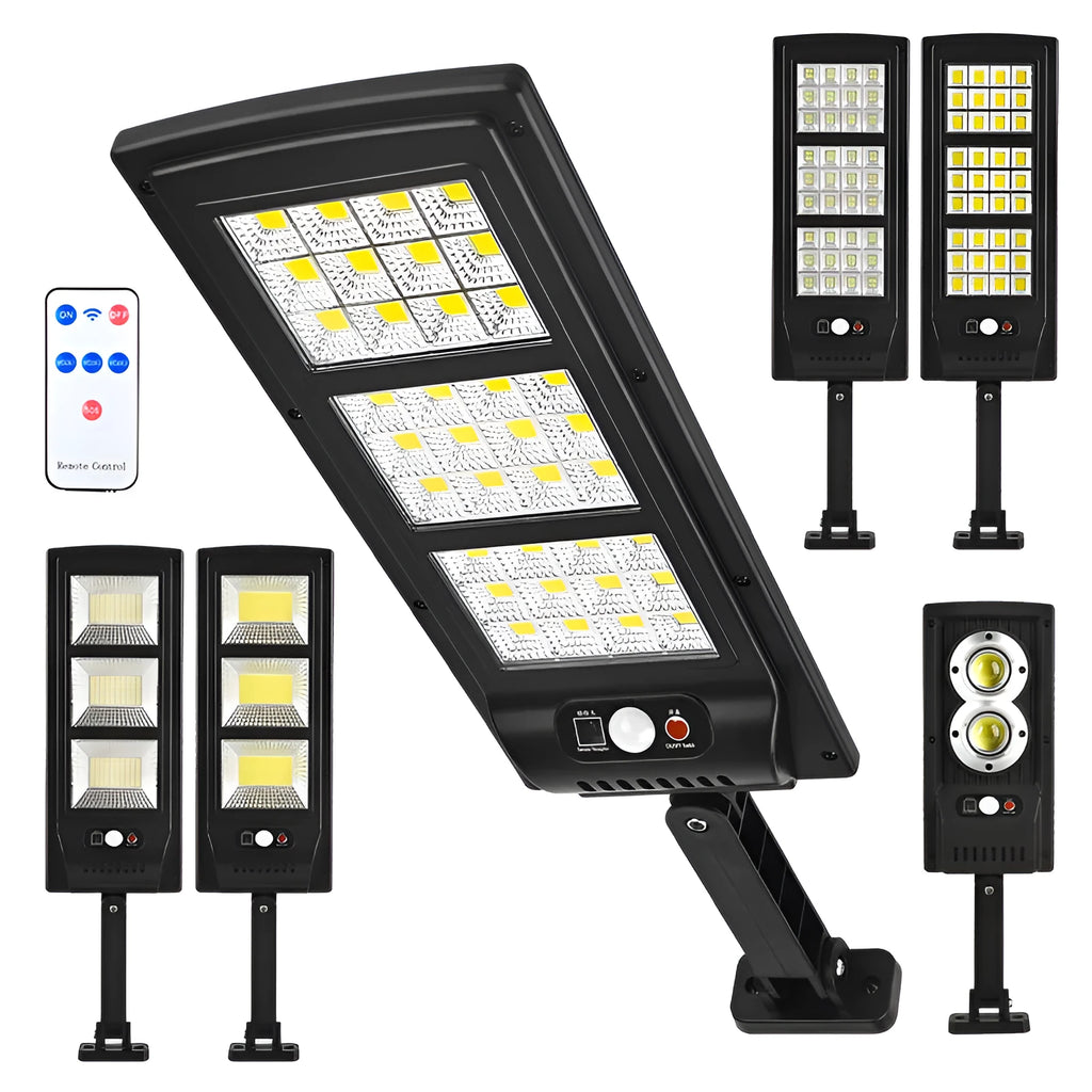 Plastic solar-powered remote control LED street light for outdoor wall or garden installation.