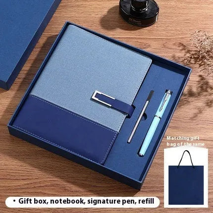 A5 leather notebook in choice of colours with gift box, open to show wood-free paper.