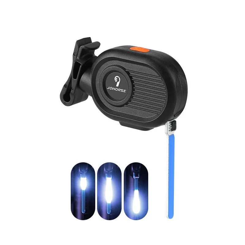 Blue LED waterfall effect bicycle rear safety light with USB Type-C charging port on a black background.