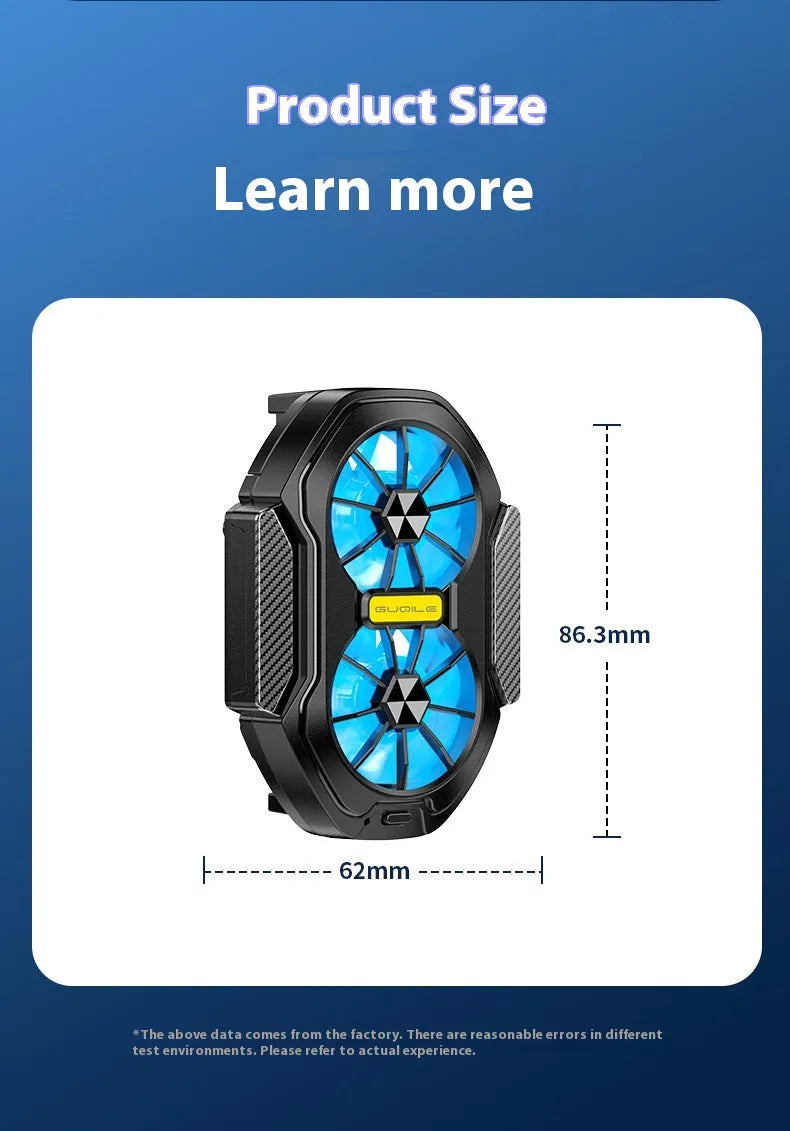 FS01 Twin Fan Air-cooled Charging Mobile Phone Radiator with built-in battery and adjustable clamp on a smartphone