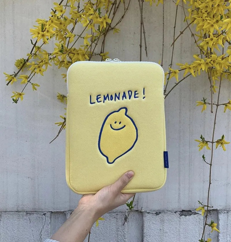 Korean Ins lemon embroidery polyester storage bag for Apple iPad laptop, 11 or 15 inch sizes, horizontal square shape with zipper