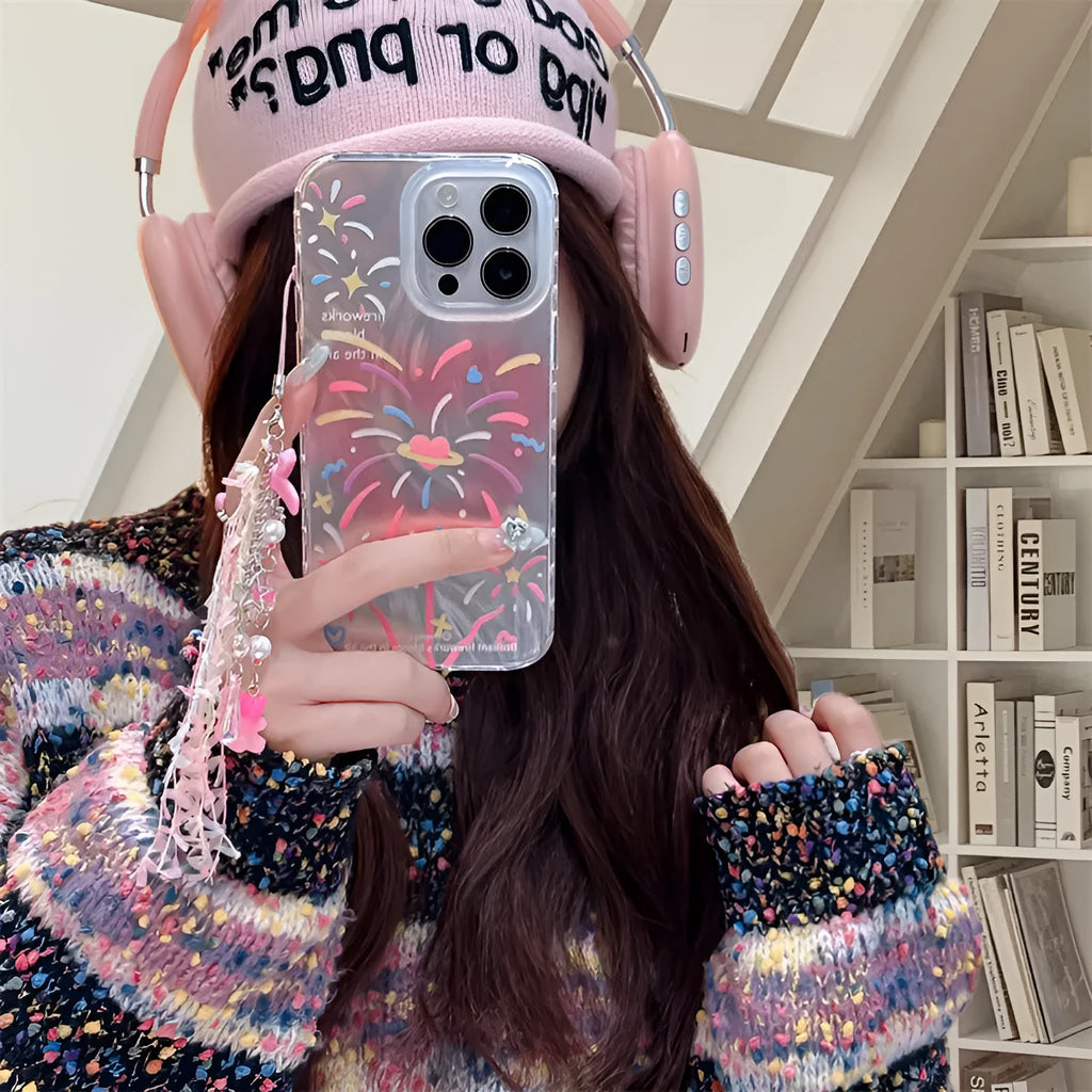 Double-layer TPU phone case with love fireworks print and feather yarn texture for iPhone