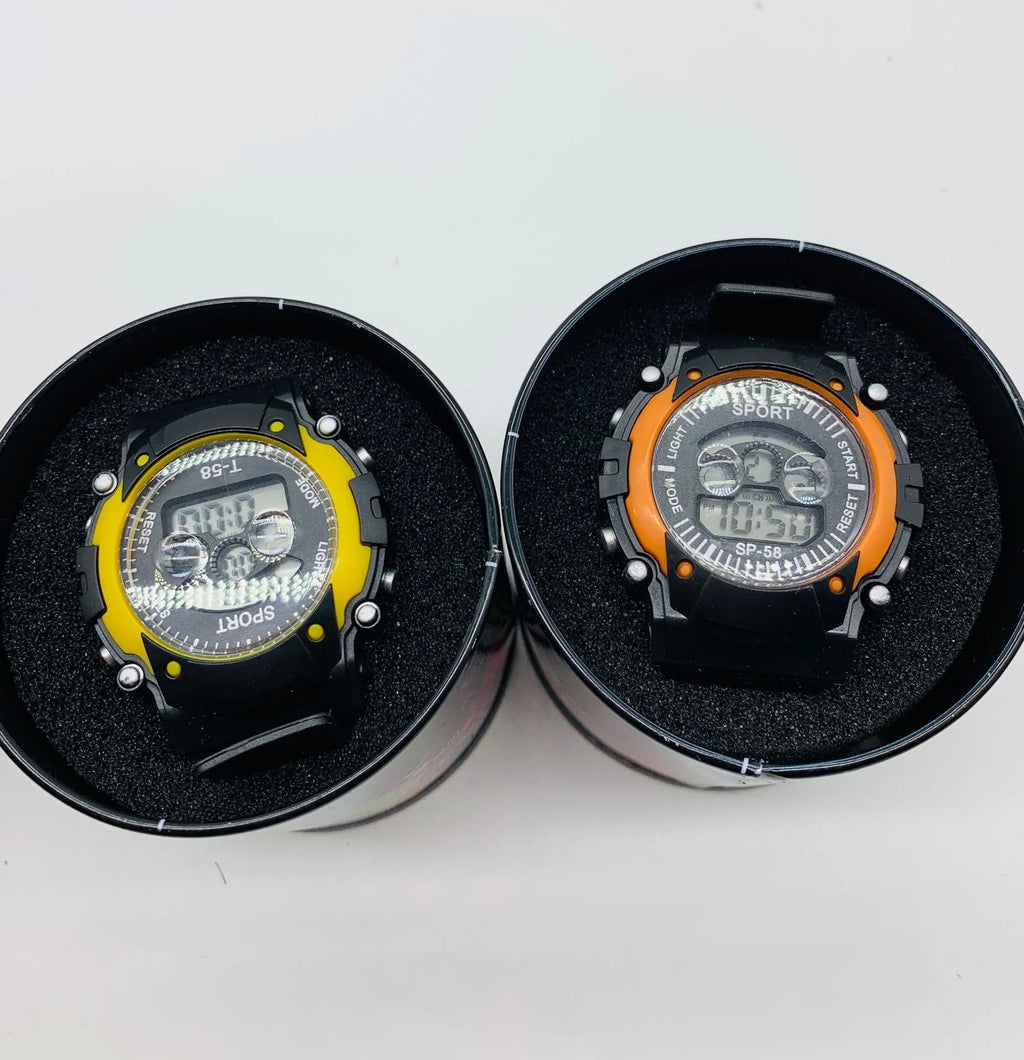 Children's digital sports watch with large display and colourful silicone strap.