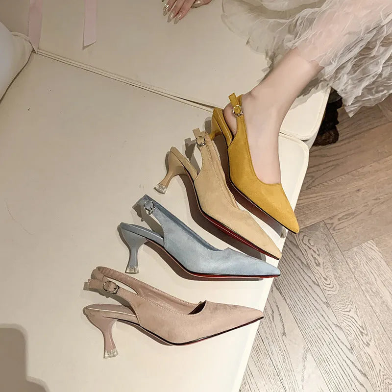 Women's suede stiletto heel pointed high heels in apricot, pink, sky blue, and yellow colours