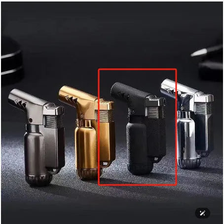 HB805-1 full metal windproof lighter in black, gold, grey, or silver finishes showing compact 72mm design