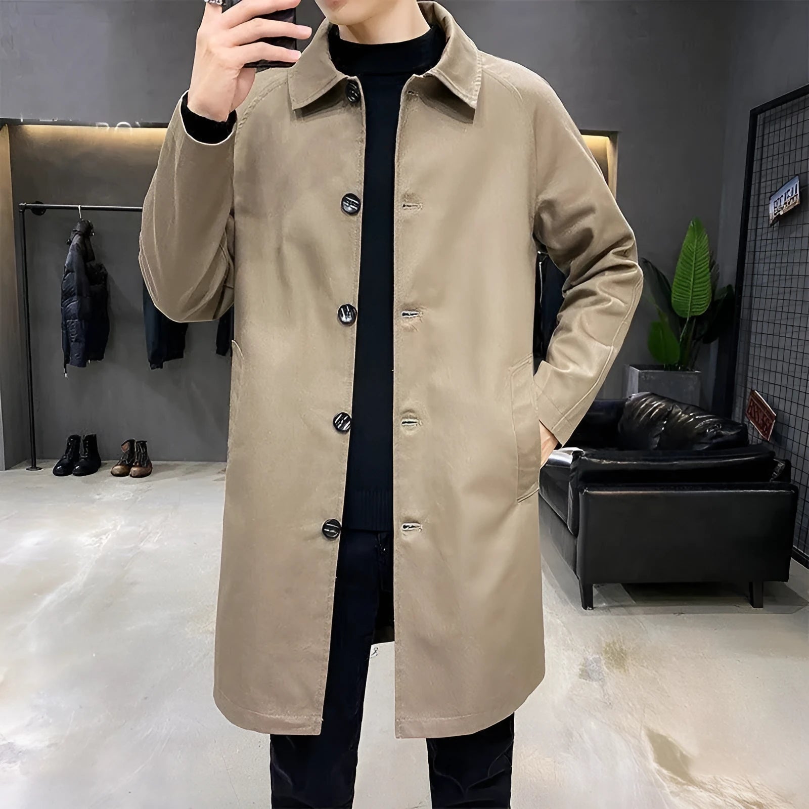 Men's loose fit mid-length trench coat in rabbit fur, shown in khaki colour.