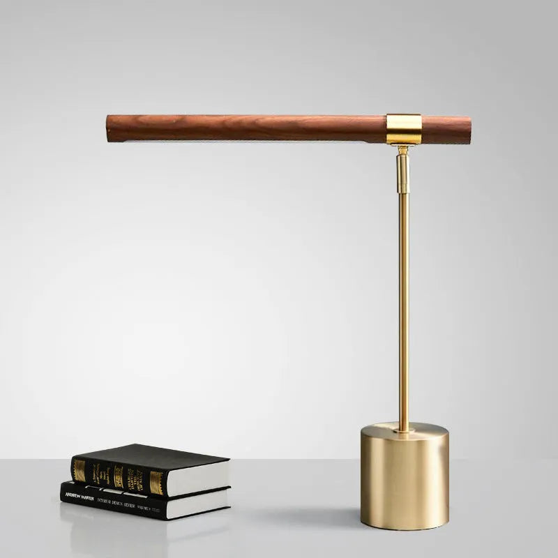 Nordic wood grain desk lamp with iron holder on a white surface, showing warm light and white light modes