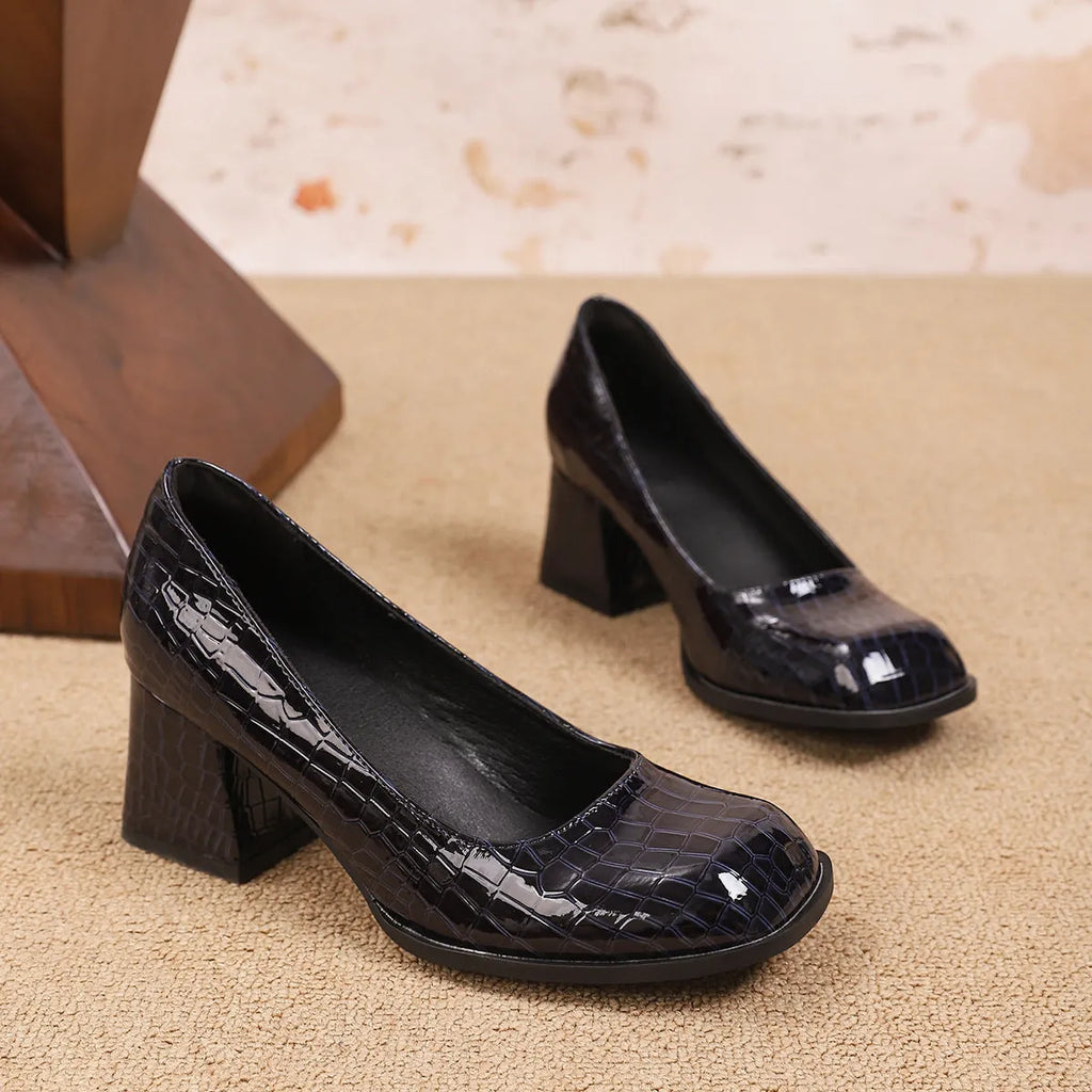Plus size chunky heel square toe pumps in black or brown with 6-8cm short stout heel, sizes 32-45.