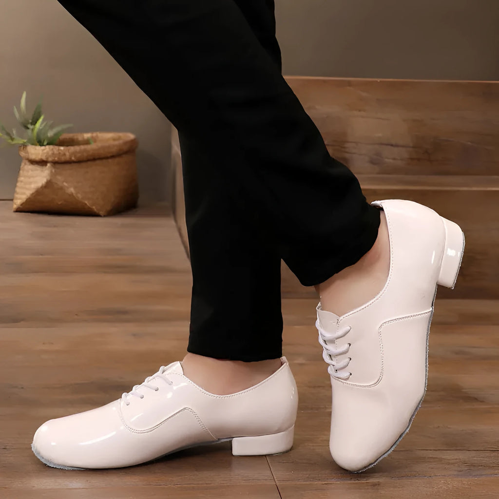 Men's black indoor dance shoes with a synthetic leather upper and calf leather sole.