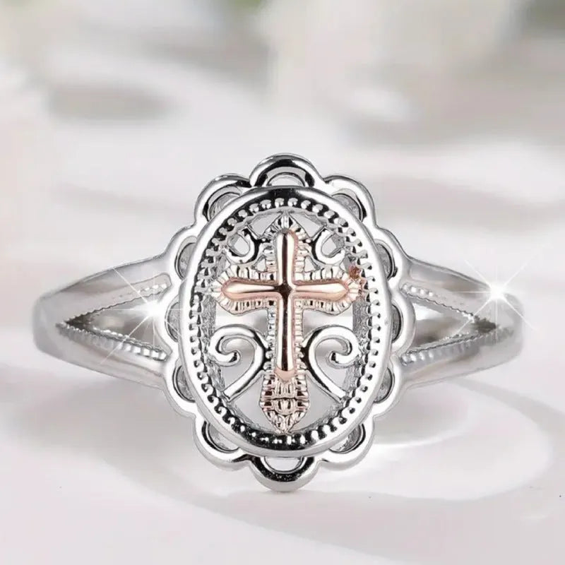 Silver women's ring with cross and lace pattern design in electroplated alloy