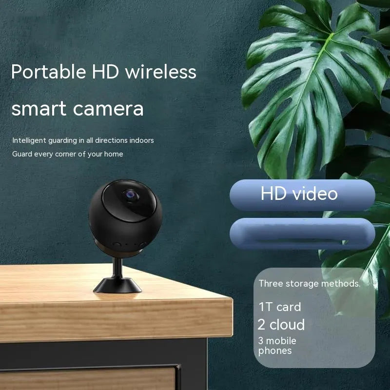 A compact 1080p wireless wifi surveillance camera with a lens, made from white ABS plastic.