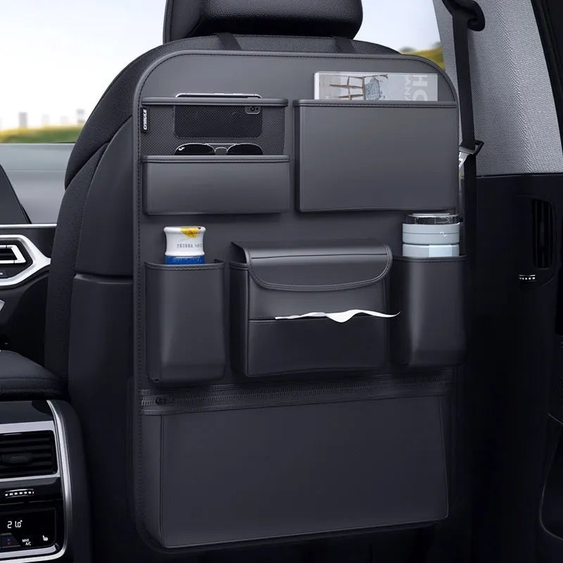 Black leather car seat hanging storage bag with carrying handle in two size options