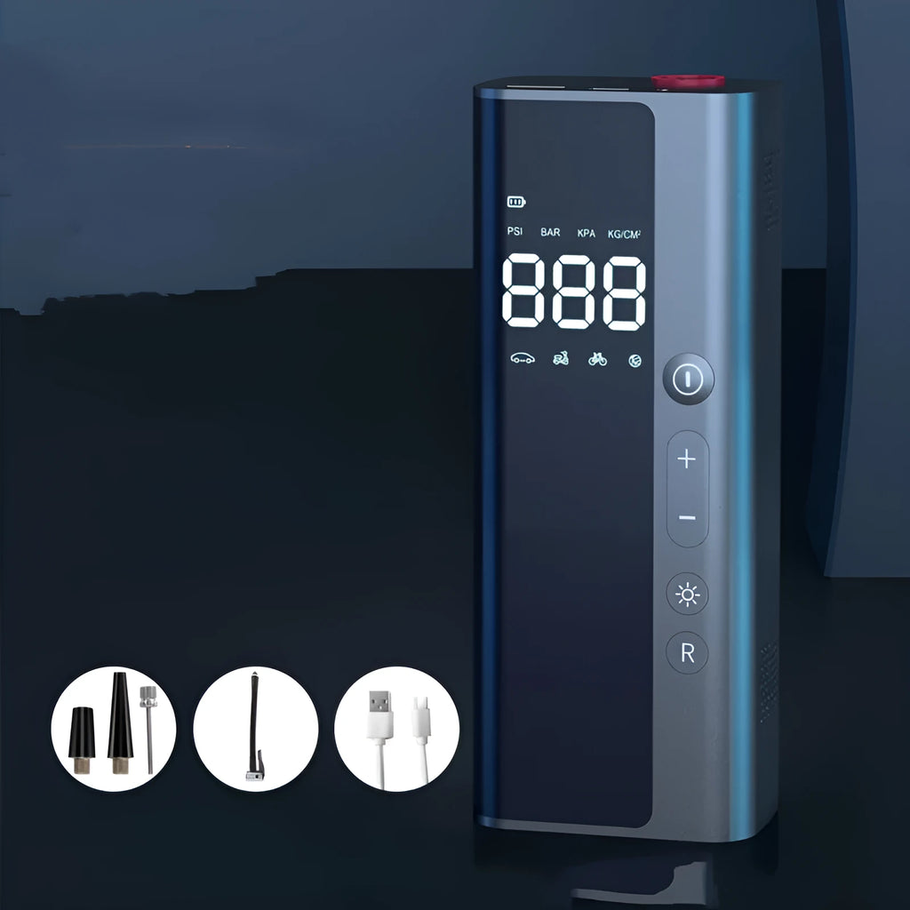 Portable wireless car air pump 165x65x45mm with digital display, 60W motor, and USB charging cable