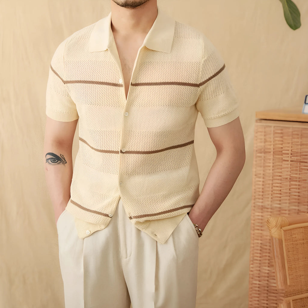 Man's camel coloured lapel cardigan with short sleeves, made from a cotton and linen blend fabric.
