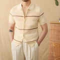 Man's camel coloured lapel cardigan with short sleeves, made from a cotton and linen blend fabric.