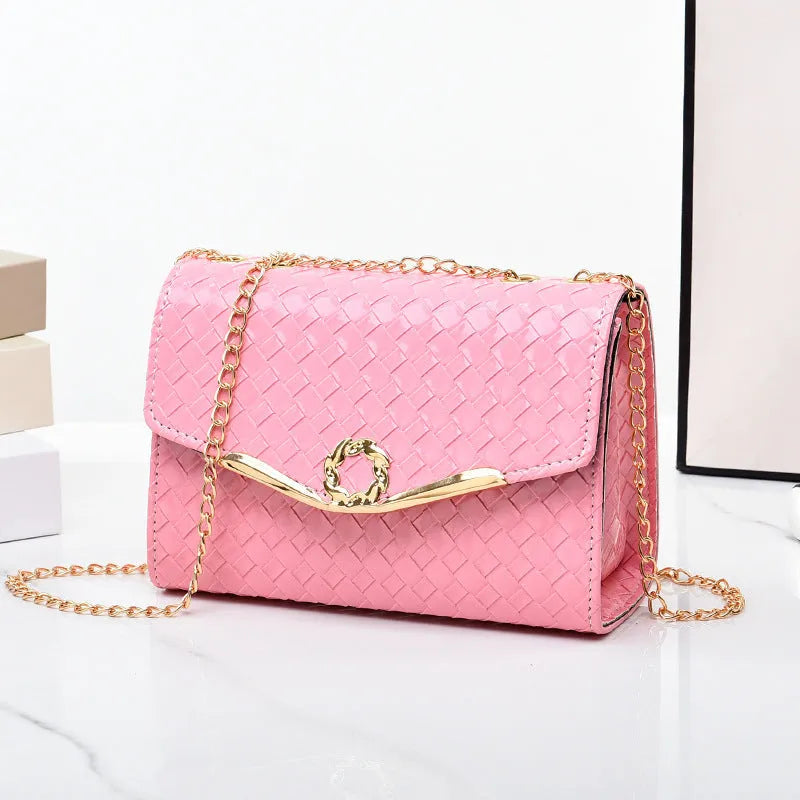 Women's PU chain shoulder messenger bag, solid colour, clamshell opening, with weave detail, available in black pink purple white