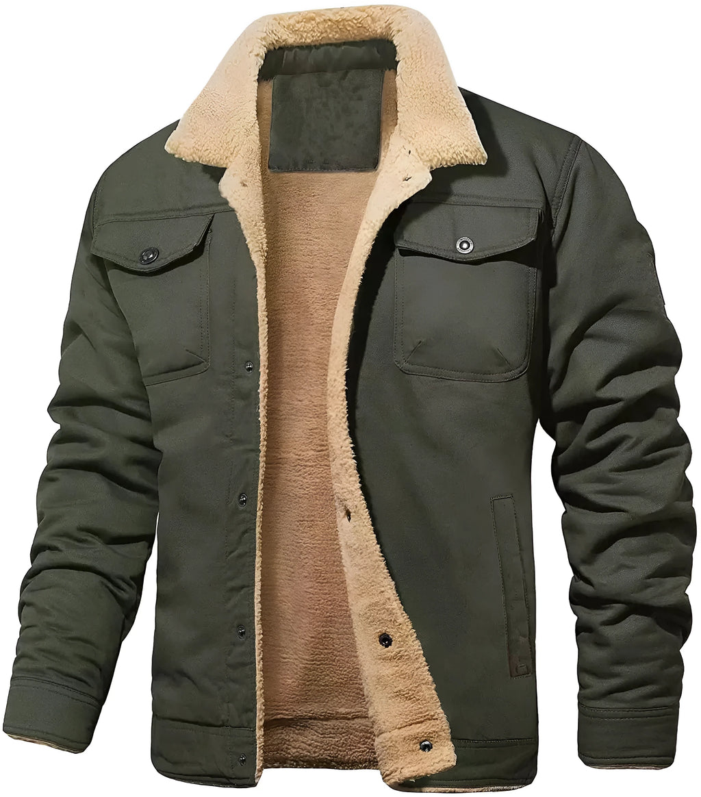 Men's cotton fleece-lined mid-length overalls jacket in khaki with patch pockets and straight hem