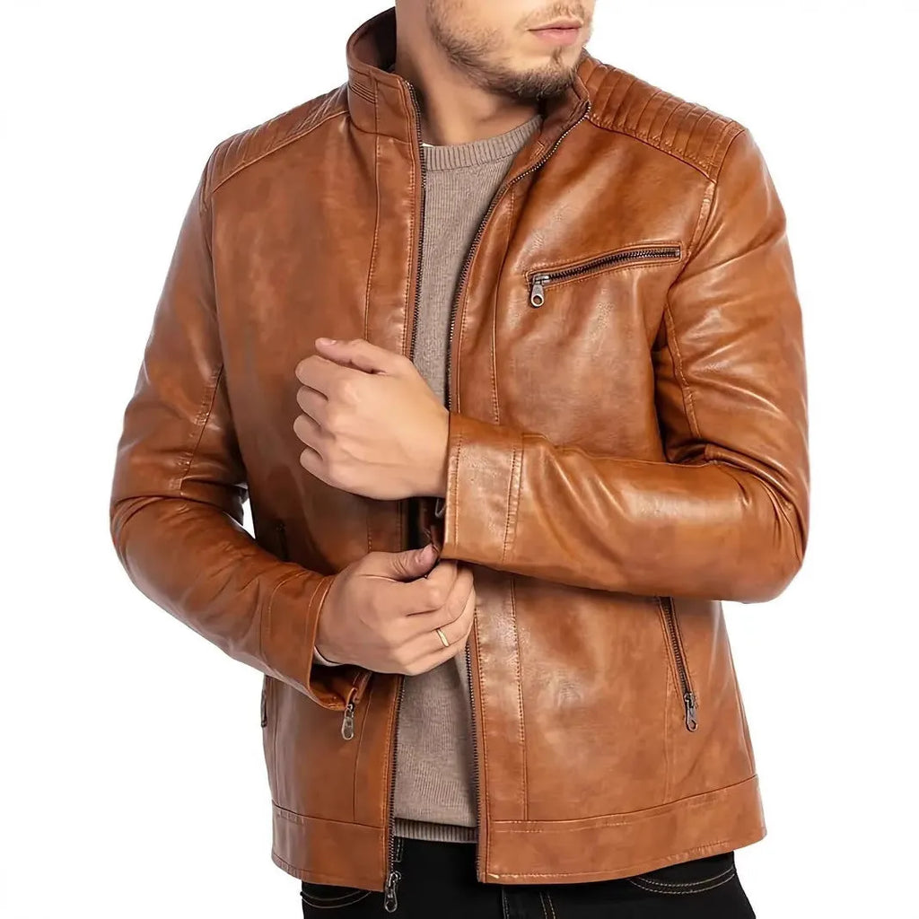 Men's brown punk-style artificial leather motorcycle jacket with a stand collar and patch pocket.