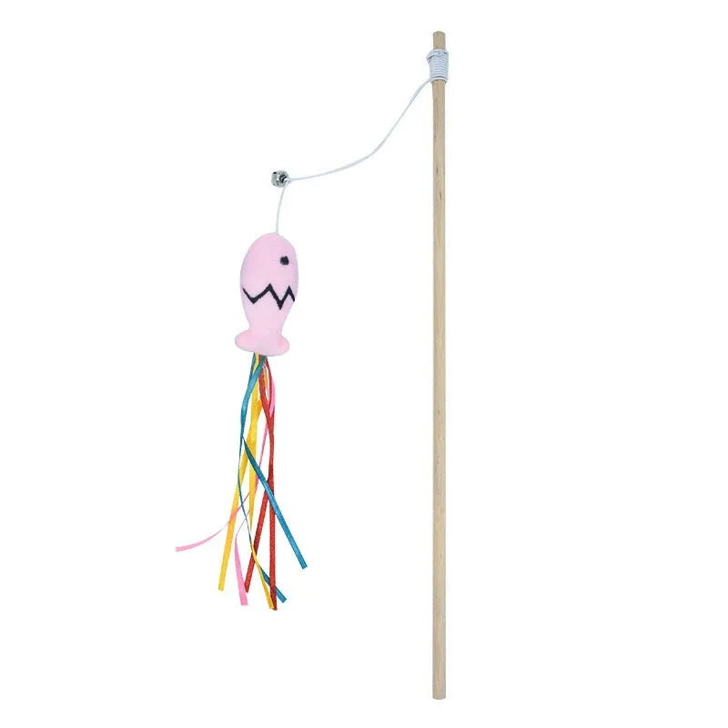 Cat wand toy with wooden handle and colourful ribbon, catnip fish, and bell attachments