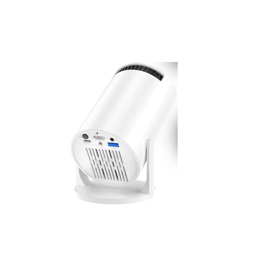 White mini wireless portable HD projector showing 1080p resolution for home cinema use.