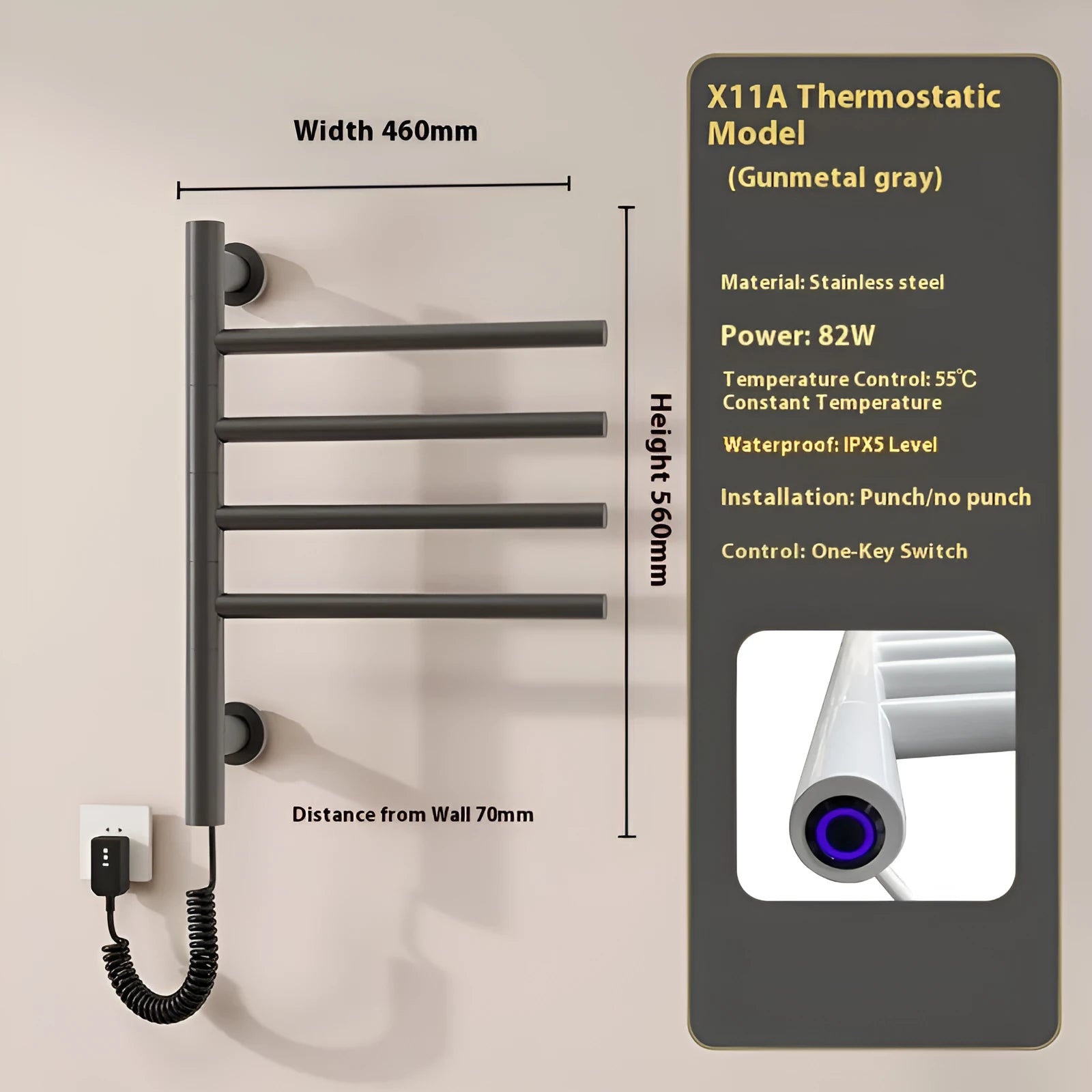 5-layer stainless steel electric towel rack in black with punch-free mounting and WiFi control