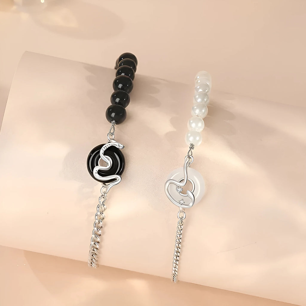 925 sterling silver couple bracelet with obsidian pearls and snake design in New Chinese style