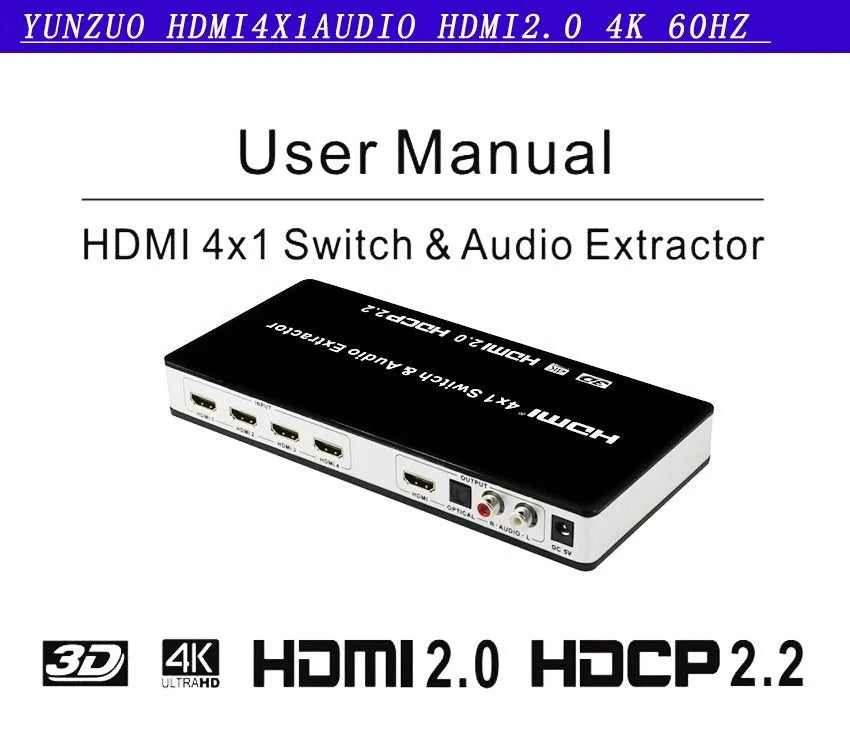 Black HDMI audio-video switch with 4 input ports and 1 output port, remote control included
