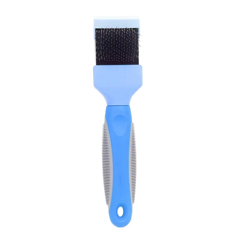 Double-sided pet grooming brush with stainless steel bristles in blue colour