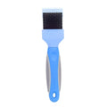 Double-sided pet grooming brush with stainless steel bristles in blue colour