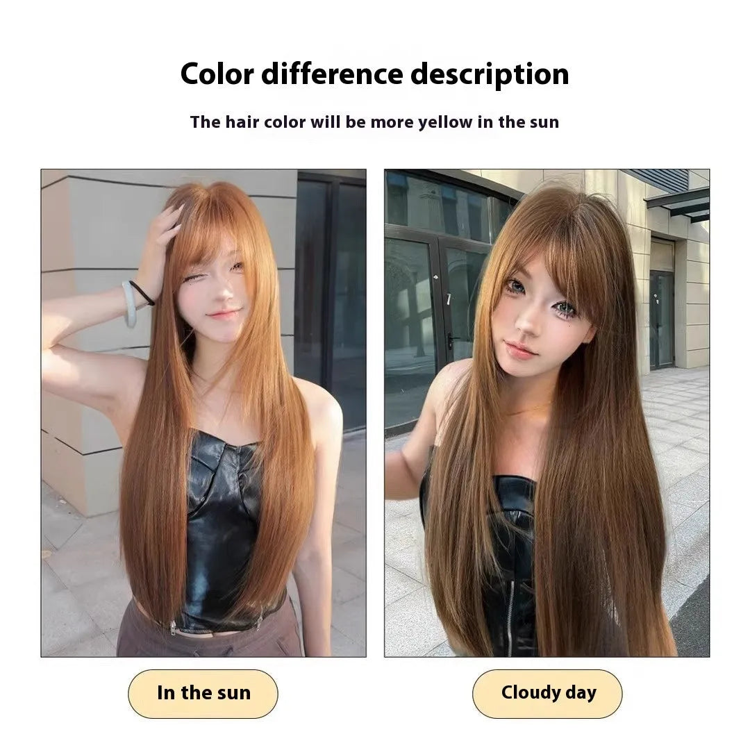 Warm brown long straight synthetic wig with bangs for women.
