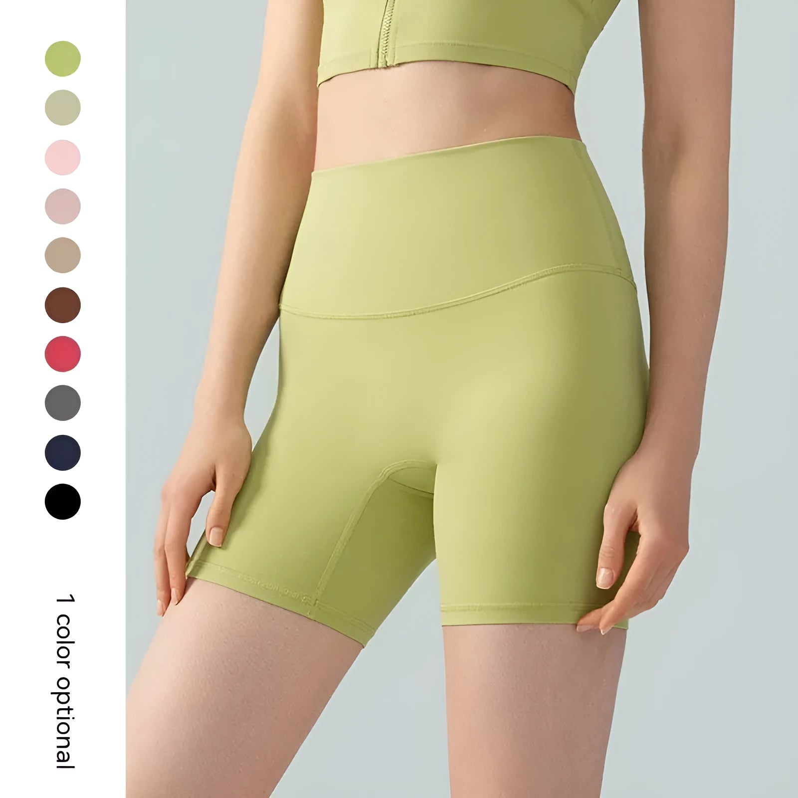 Women's high waist Lycra yoga shorts in leaf green colour with elastic band and short length design