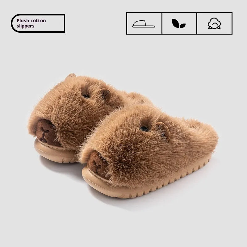 Warm cartoon plush slippers for women in dark brown with shearling inner and EVA sole, flat closed-toe design